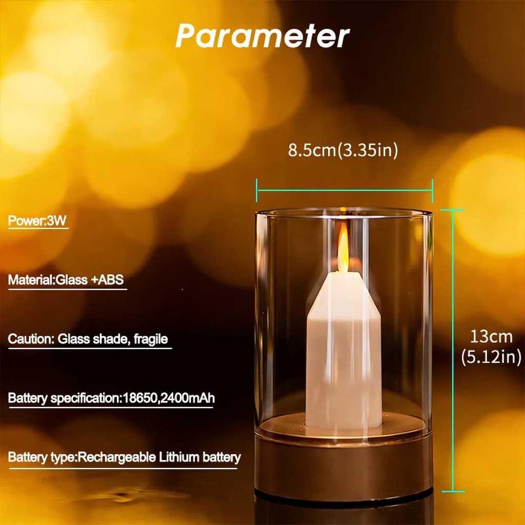 Flameless Candle Lamp, Rechargeable Cordless LED Night Light with Hand-Wave Sensor, Hover Dimming, Flickering Flame & Glass Shade