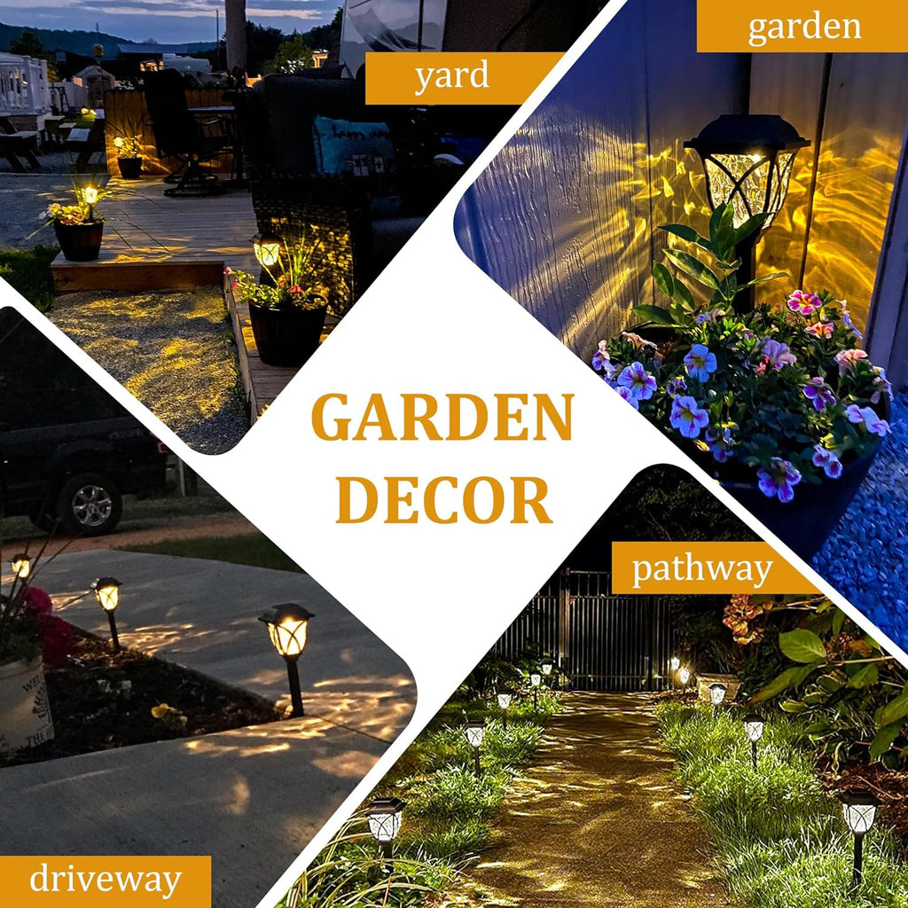 Pathway lights shown in yard, garden, walkway, and driveway scenes