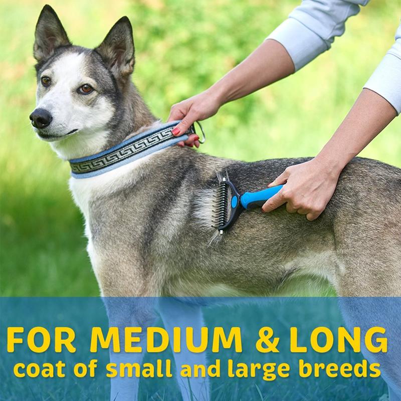 Blue pet grooming rake being used on a dog with a thick coat