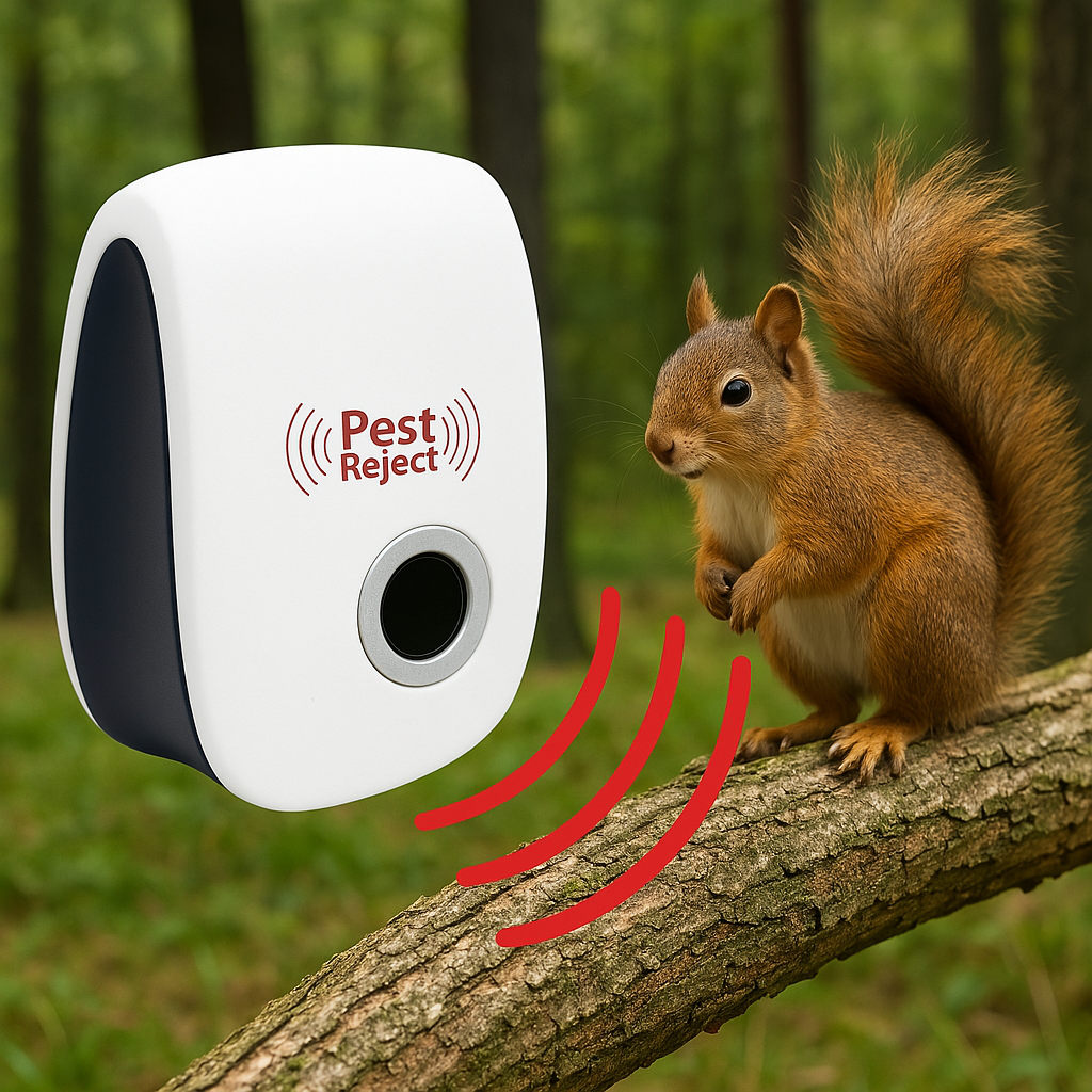 White plug-in pest repeller illustrated beside a squirrel on a branch