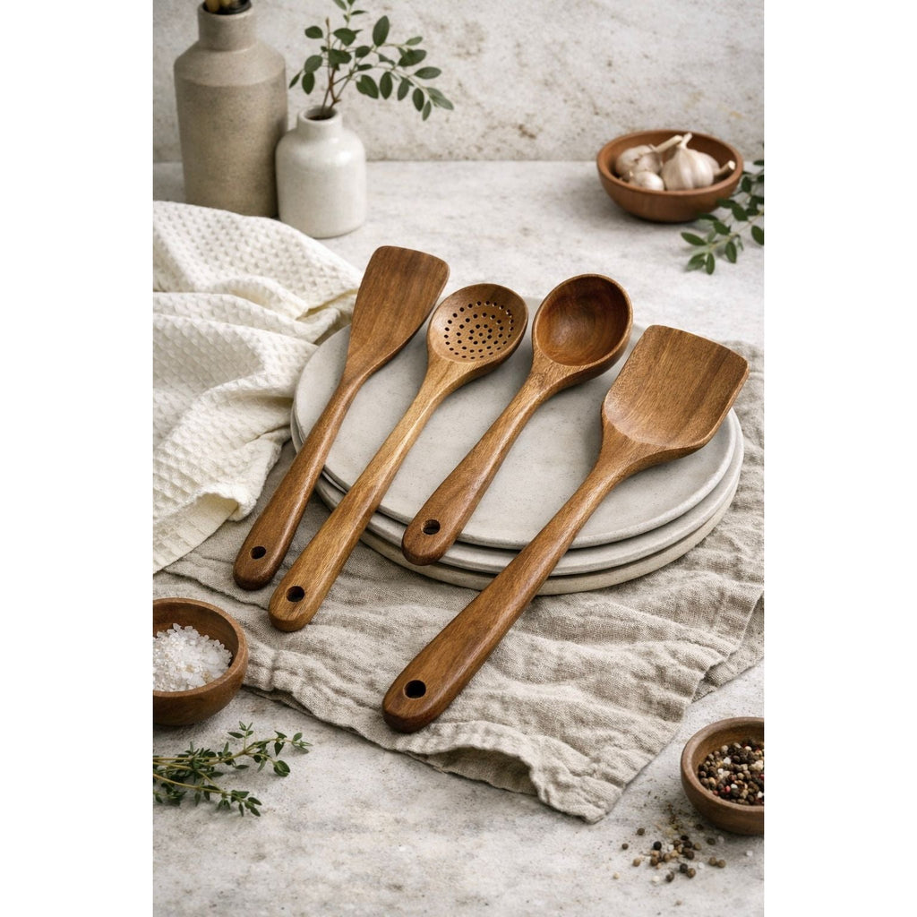 Four teak wood kitchen utensils arranged on plates beside a towel