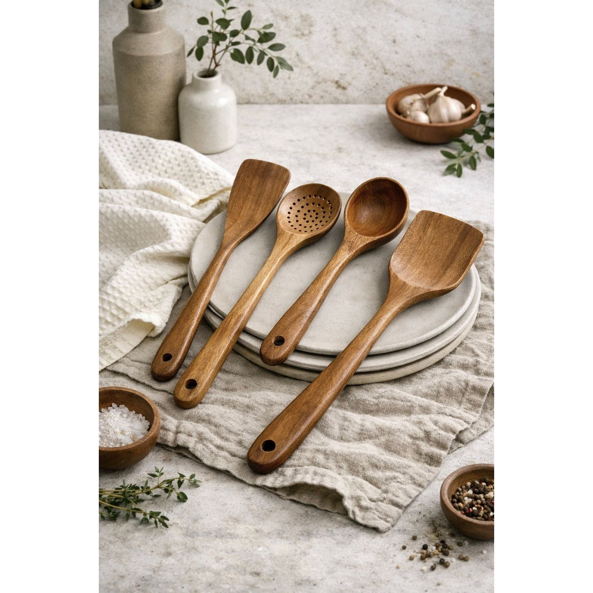Four teak wood kitchen utensils arranged on plates beside a towel
