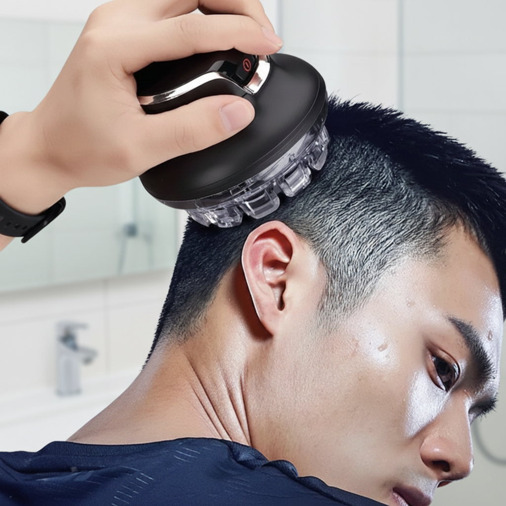 Cordless round-head hair clipper being used above a man's ear