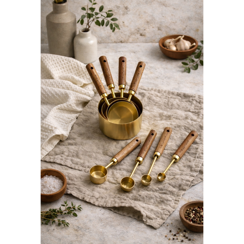 Eight gold measuring cups and spoons with wooden handles arranged beside a towel