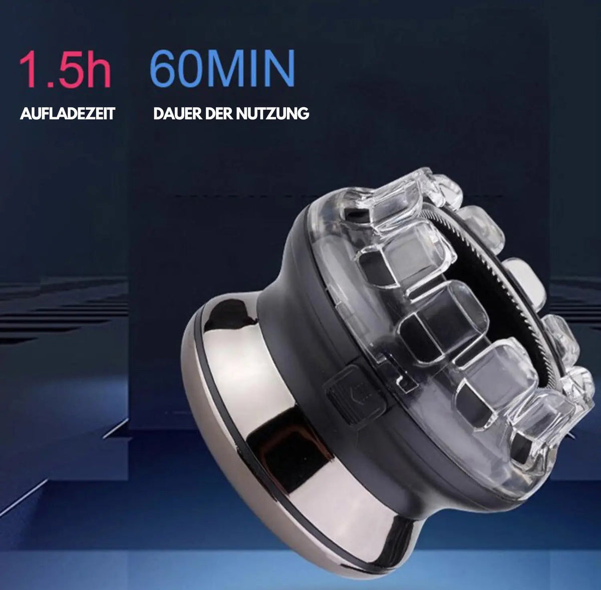 Round cordless hair clipper with a graphic listing charging and usage times