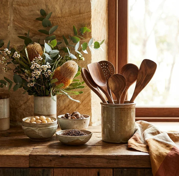 Teak wood utensils stored upright in a holder by a window