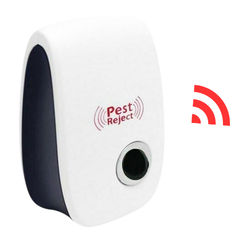 Angled view of the white pest repeller with a dark side panel