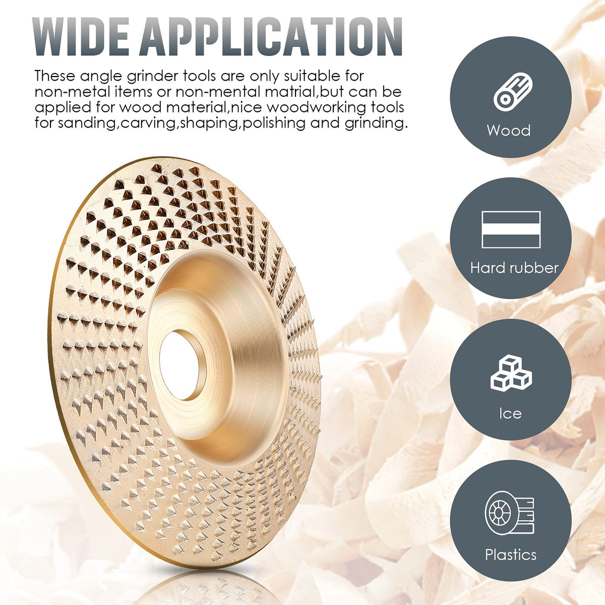 Gold-colored grinding disc with illustrated wood and other material categories