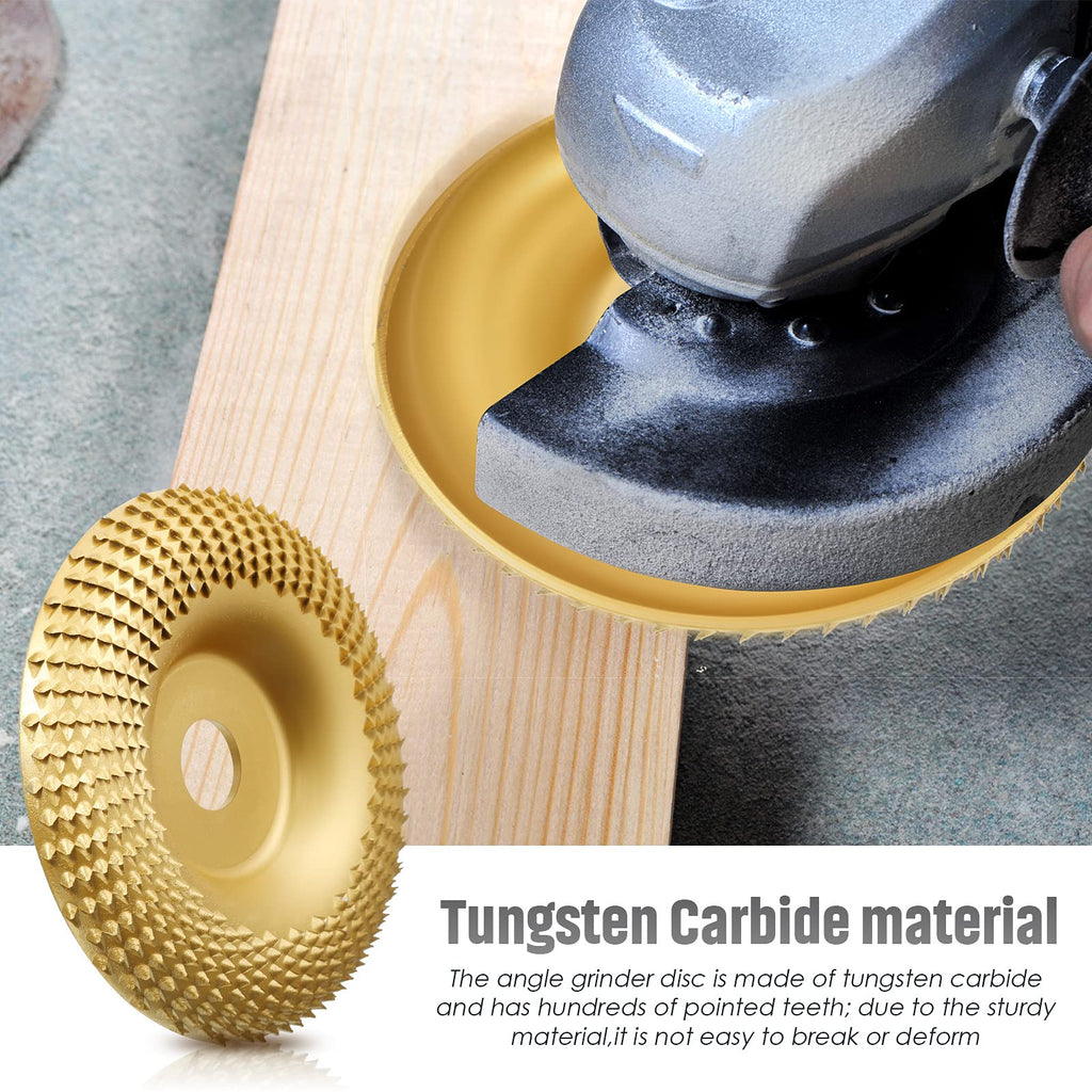 Gold-colored shaping disc with an angle grinder demonstration and material caption