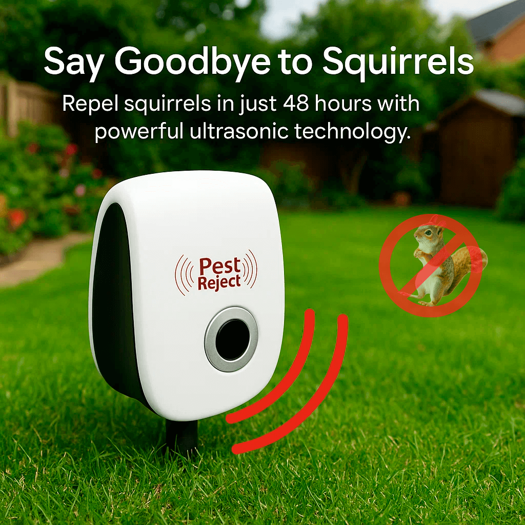 White pest repeller shown in a garden promotional illustration