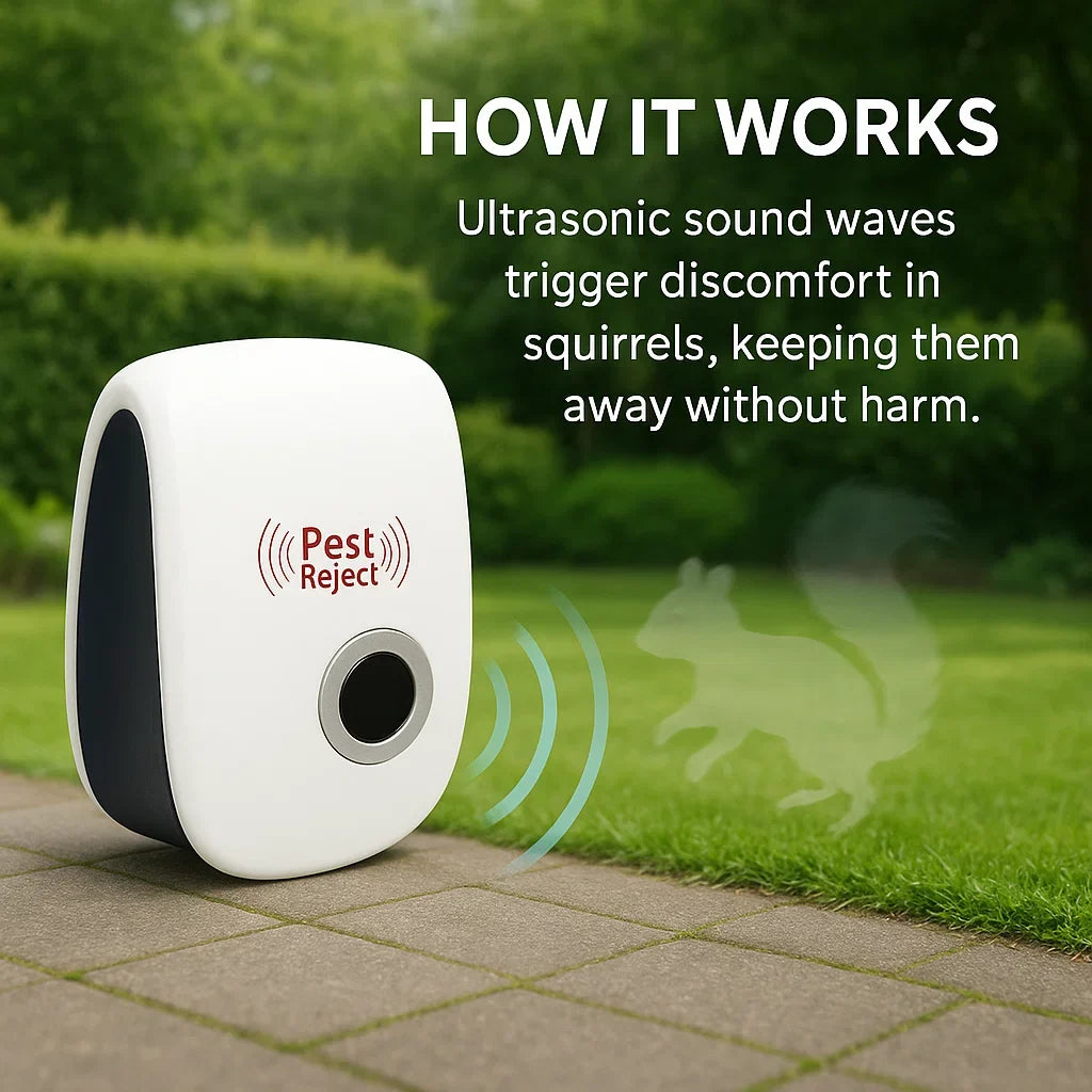 White pest repeller on paving with an illustrated sound-wave graphic