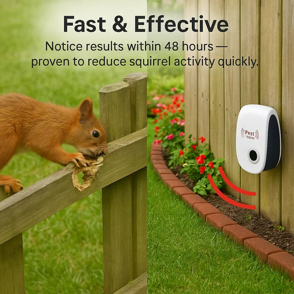Pest repeller illustrated beside a wooden fence and a squirrel