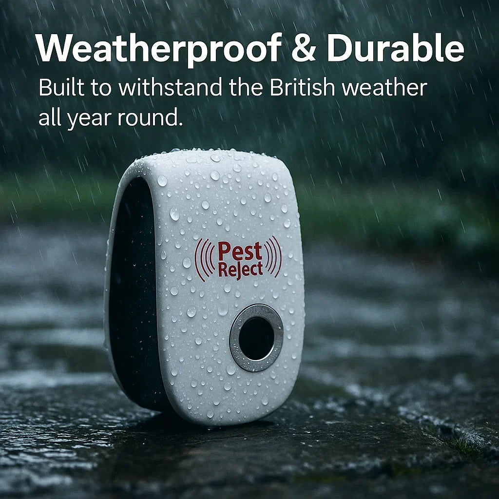 Pest repeller shown with water droplets in a rain illustration