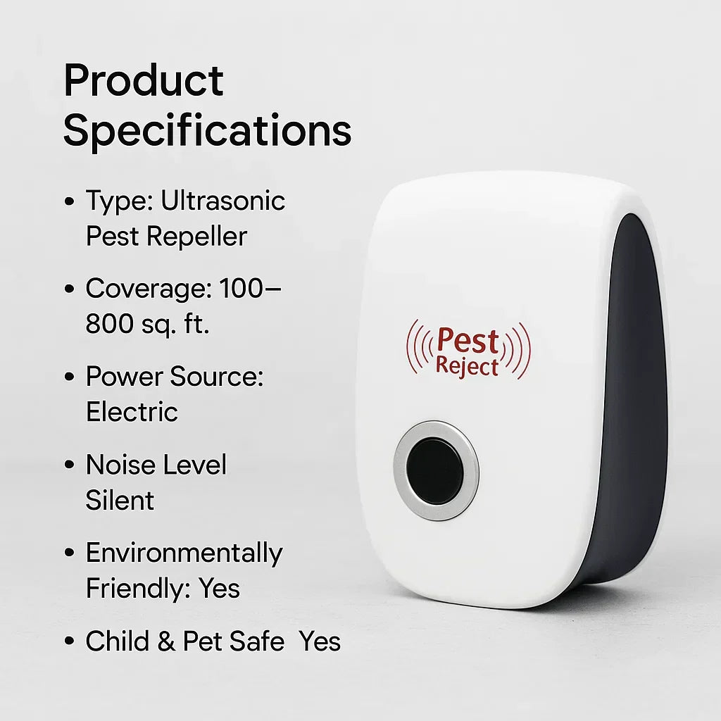 Front view of a white pest repeller beside a specification panel