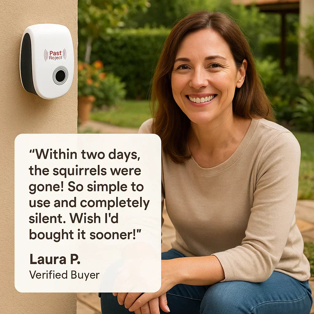 Woman pictured beside a wall-mounted pest repeller in a promotional layout