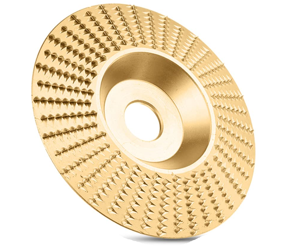 Close-up of a flat gold-colored shaping disc with a central bore