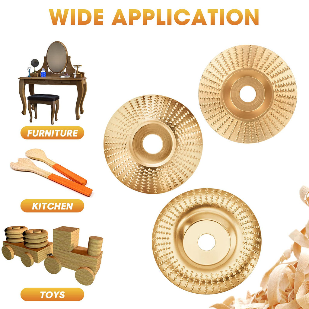 Three wood-shaping discs with examples of wooden objects