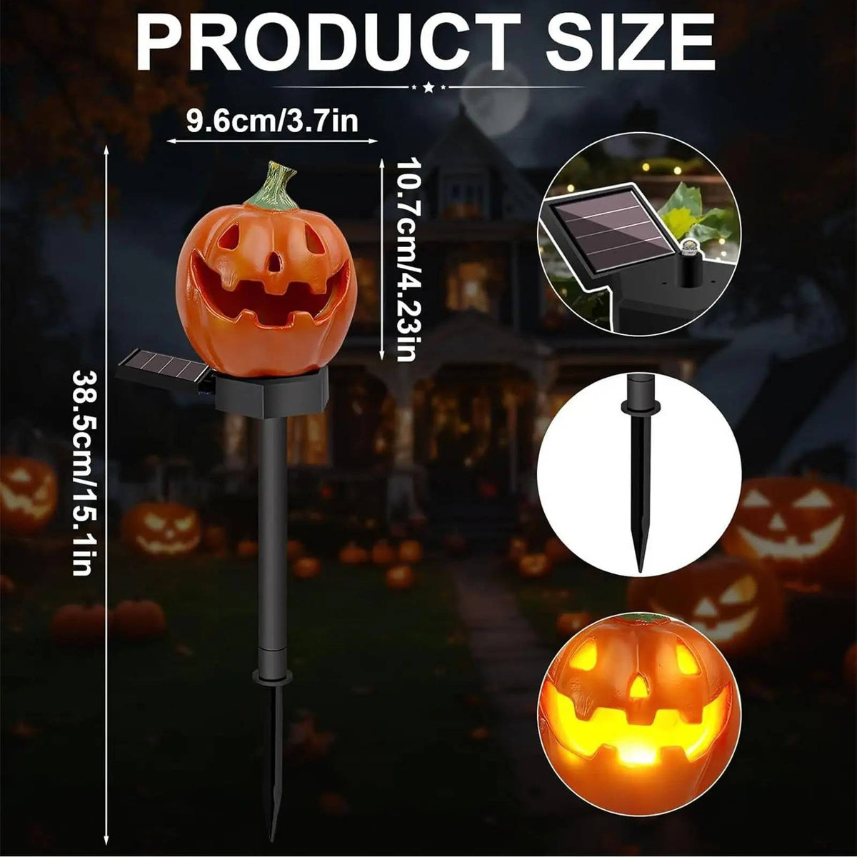 Pumpkin pathway light with a size and solar-panel diagram