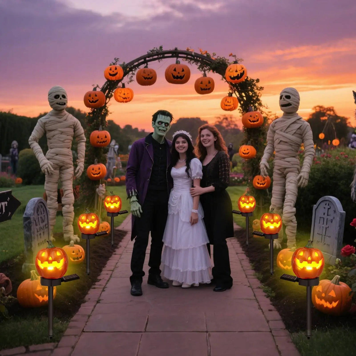 Pumpkin pathway lights around a Halloween gathering