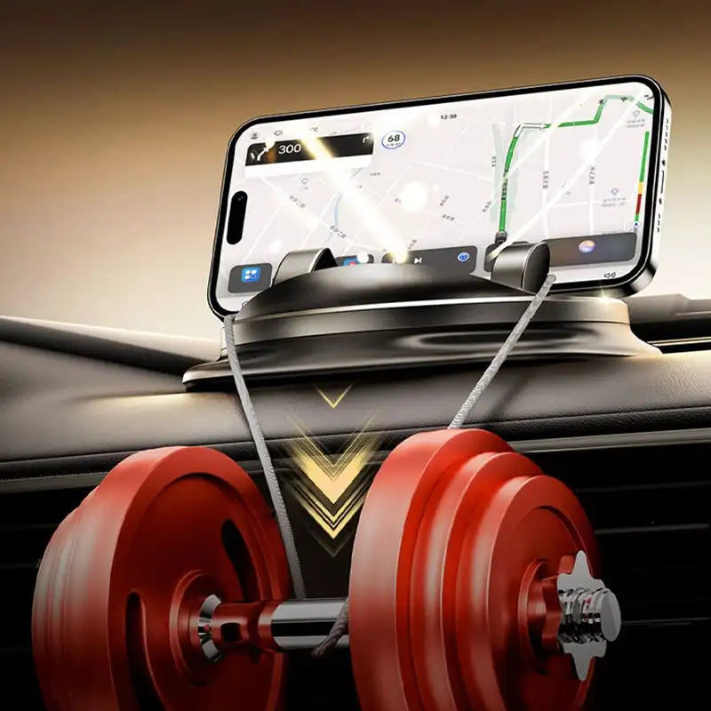 Phone in a dashboard holder with an illustrated weight graphic