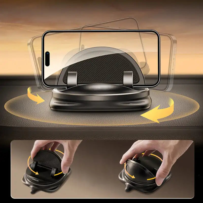 Rotating phone holder shown with directional arrows and hand views