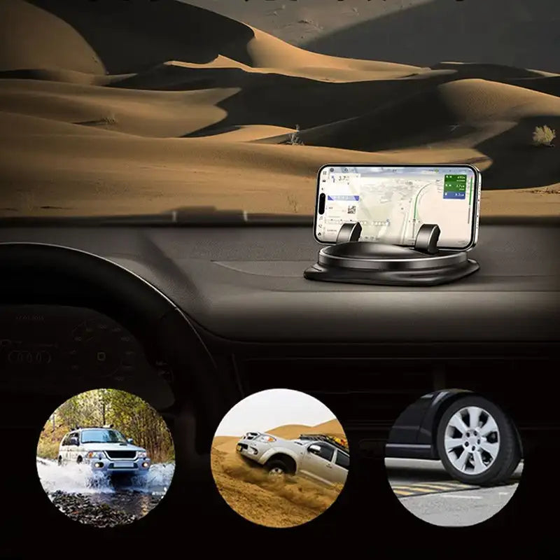 Phone holder on a dashboard with road-condition illustrations