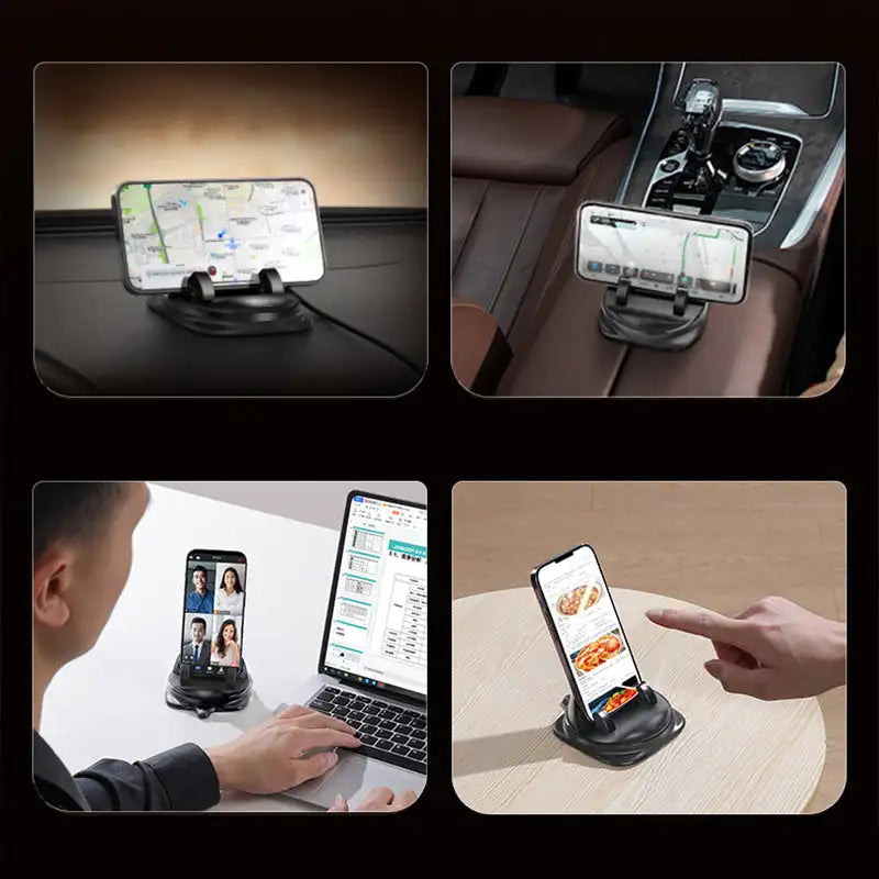 Phone holder shown in car and desk settings with different phone positions