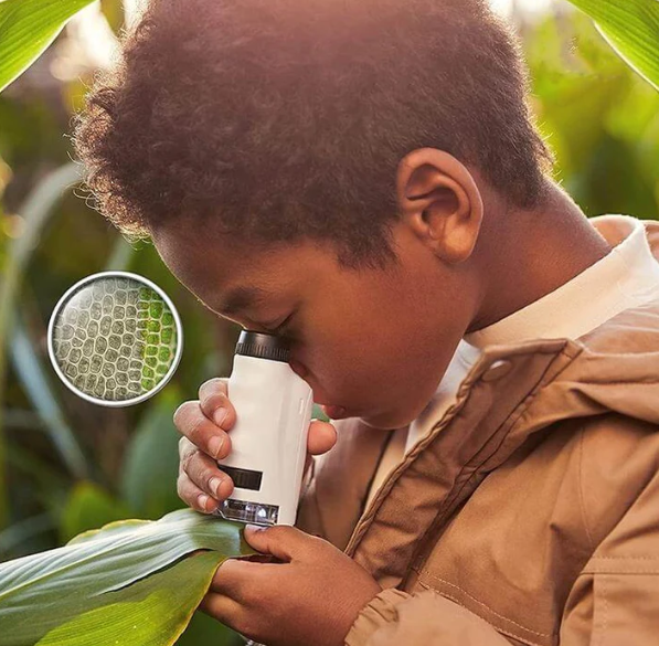Child looking at a leaf through a white pocket microscope