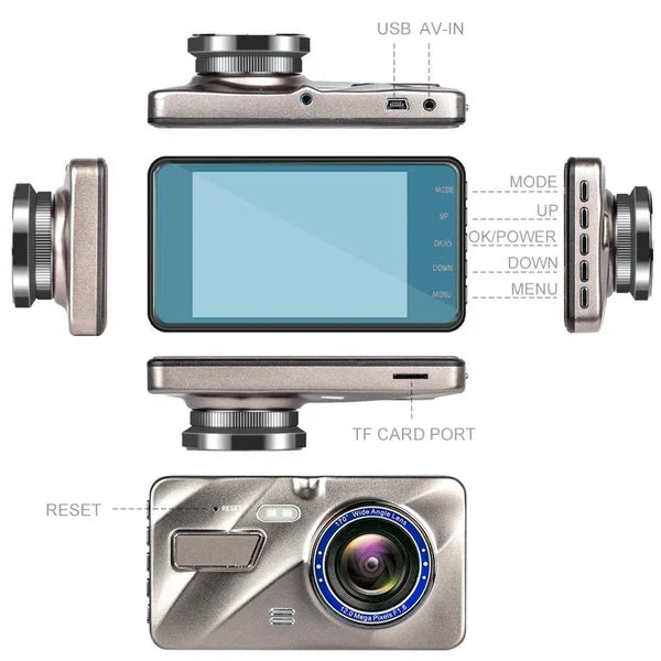 Dash camera views showing the screen, lens, buttons, and ports