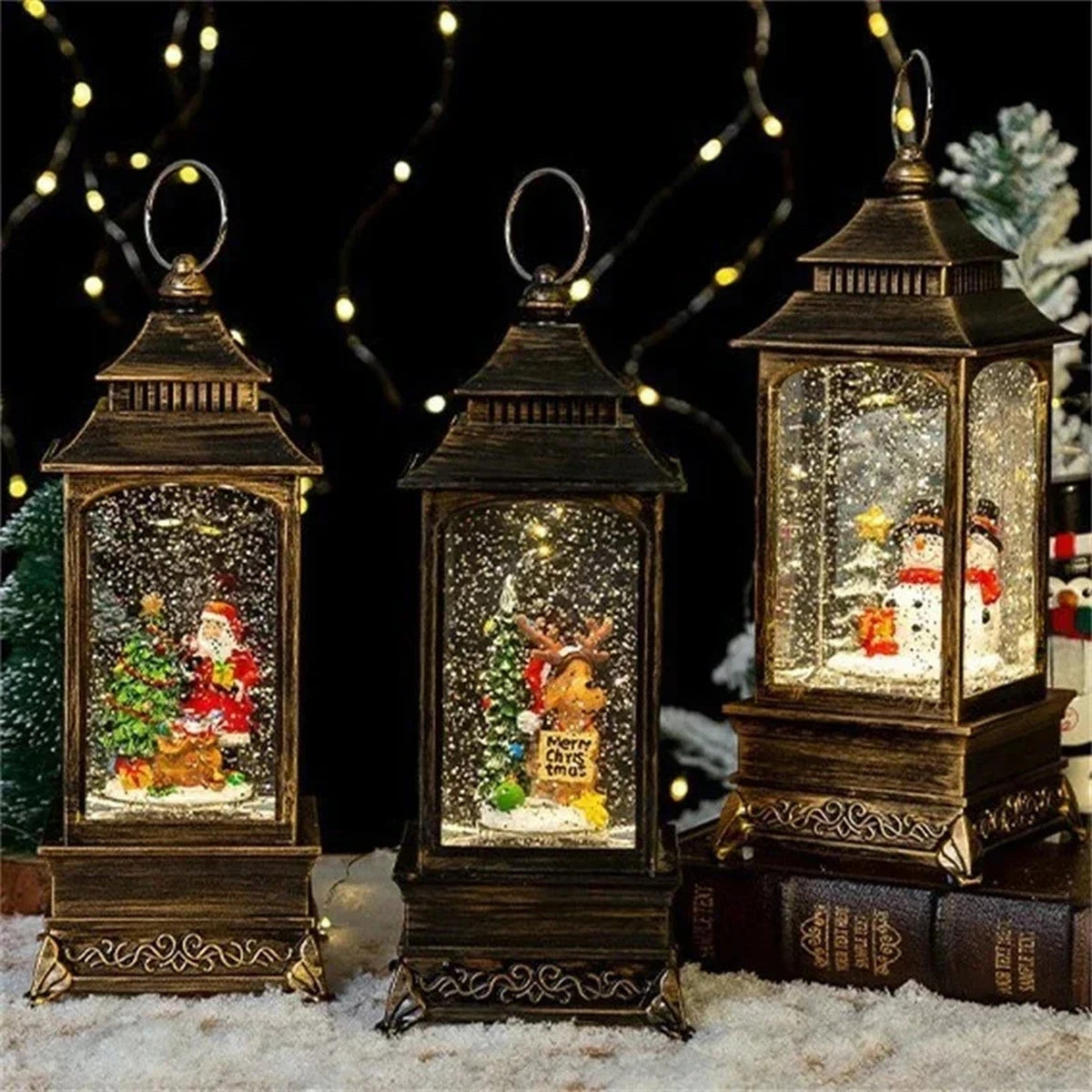 Christmas Lantern Snow Globe - Lighted Snow Globe Lantern with Swirling Glitter, USB or Battery Operated, Santa or Reindeer