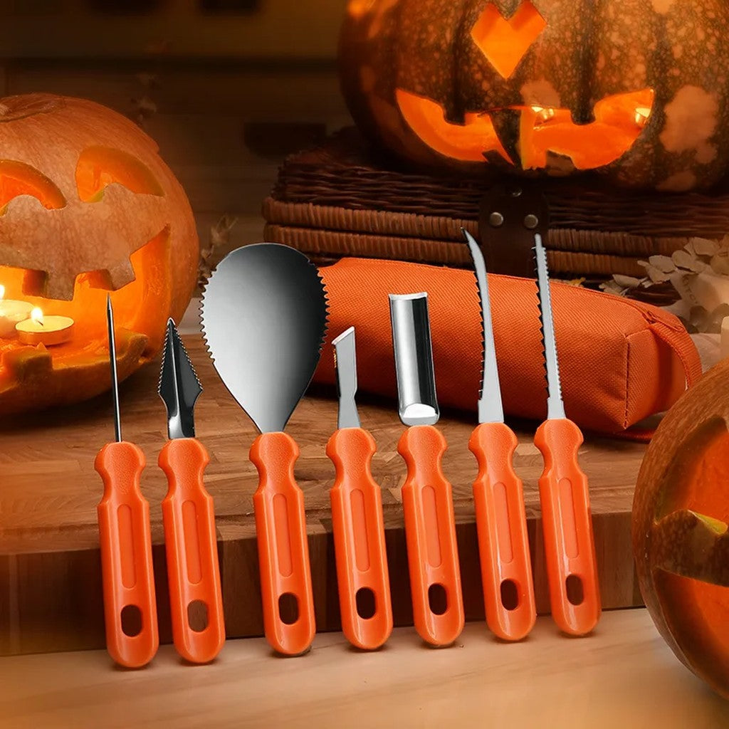 Pumpkin Carving Kit 7 Piece Stainless Steel Pumpkin Carving Tools with Serrated Scoop, Saws, Gouges & Zippered Storage Bag for Halloween