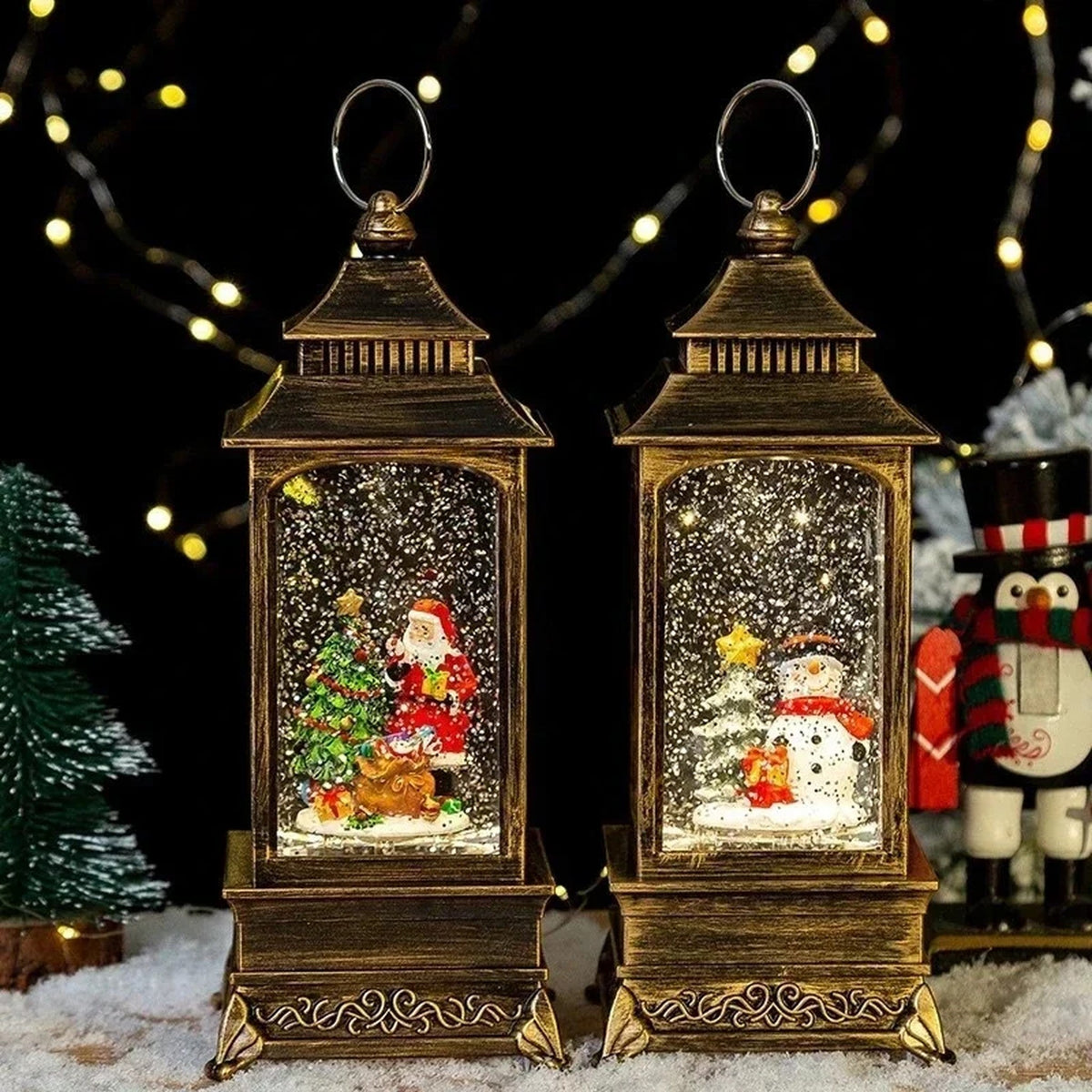 Christmas Lantern Snow Globe - Lighted Snow Globe Lantern with Swirling Glitter, USB or Battery Operated, Santa or Reindeer