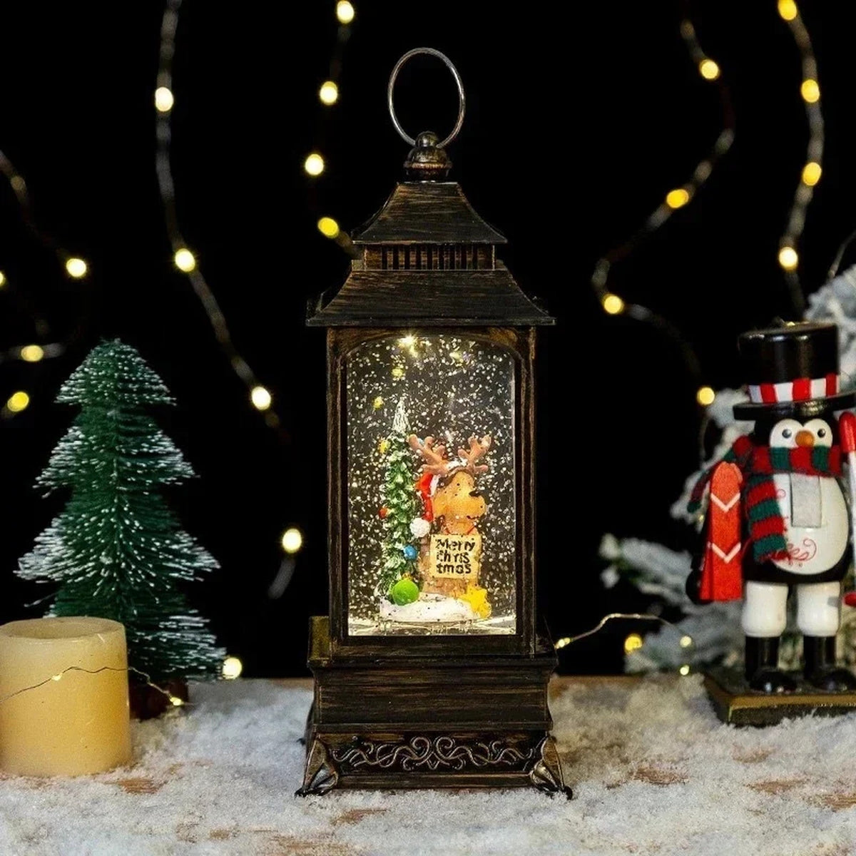 Christmas Lantern Snow Globe - Lighted Snow Globe Lantern with Swirling Glitter, USB or Battery Operated, Santa or Reindeer