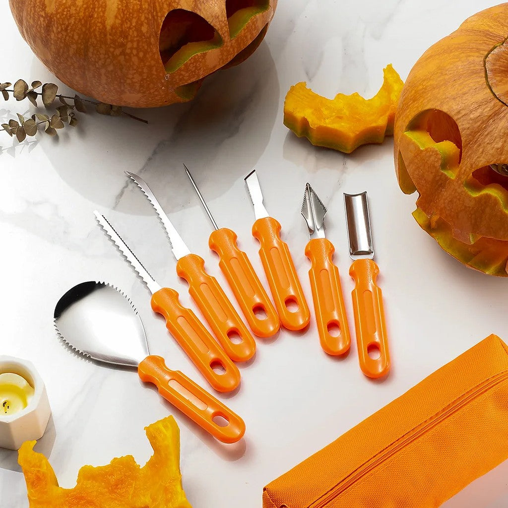 Pumpkin Carving Kit 7 Piece Stainless Steel Pumpkin Carving Tools with Serrated Scoop, Saws, Gouges & Zippered Storage Bag for Halloween