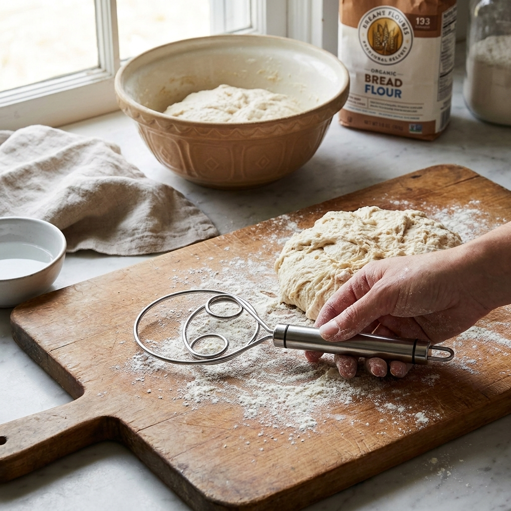 Danish Dough Whisk with Wood Handle for Bread and Batter Mixing
