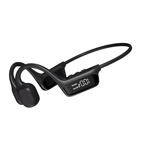 Black open-ear headphones with a wraparound band and side display