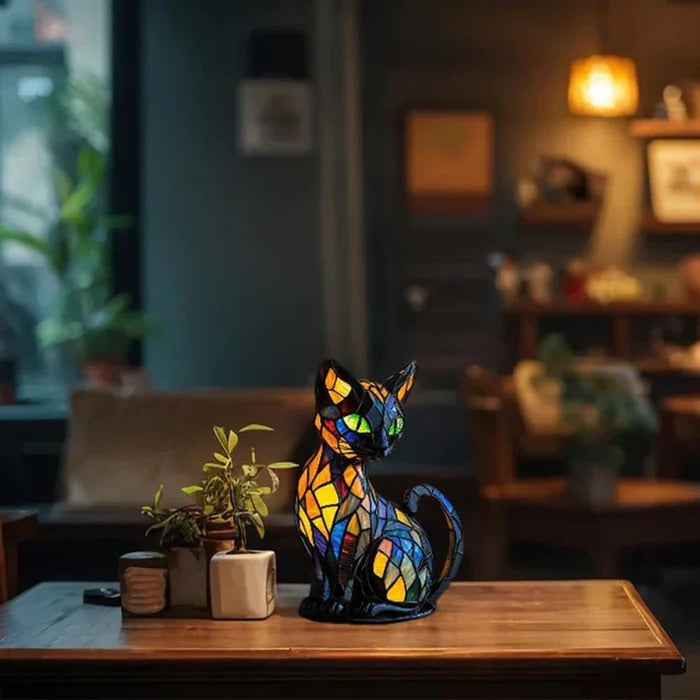 Cat-shaped lamp glowing on a console table in a living room