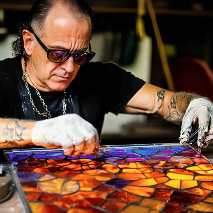 Craftsperson working on a multicolored glass-pattern panel