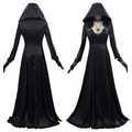 Black hooded costume shown from the front and back on a mannequin