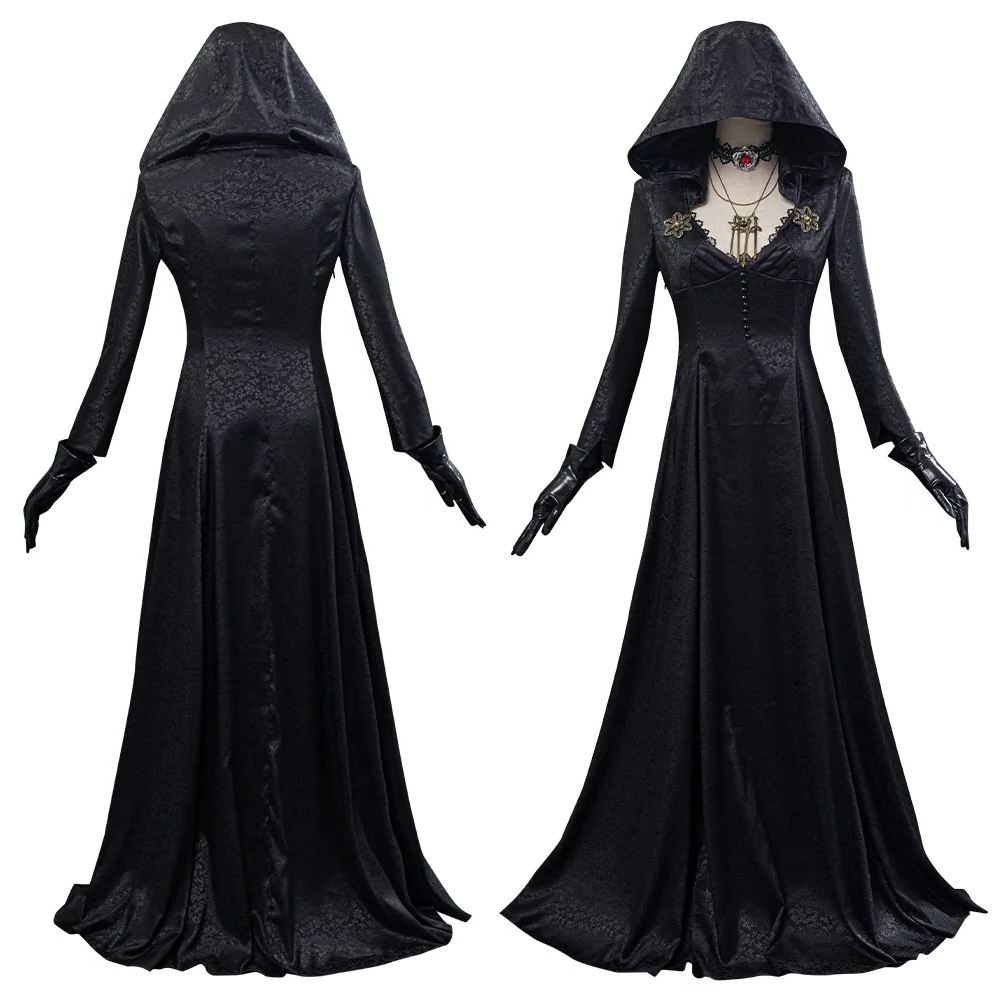 Black hooded costume shown from the front and back on a mannequin