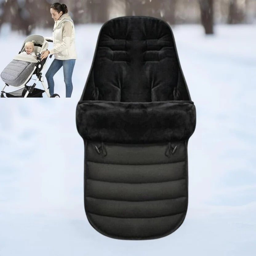 Black lined stroller footmuff shown with an outdoor stroller scene