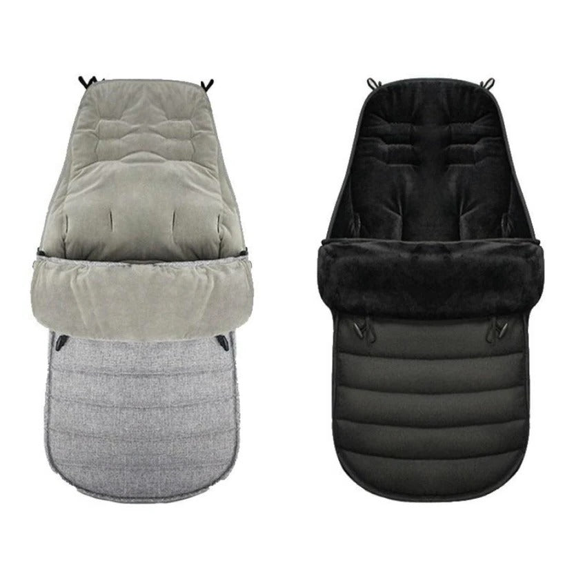 Gray and black stroller footmuffs shown side by side