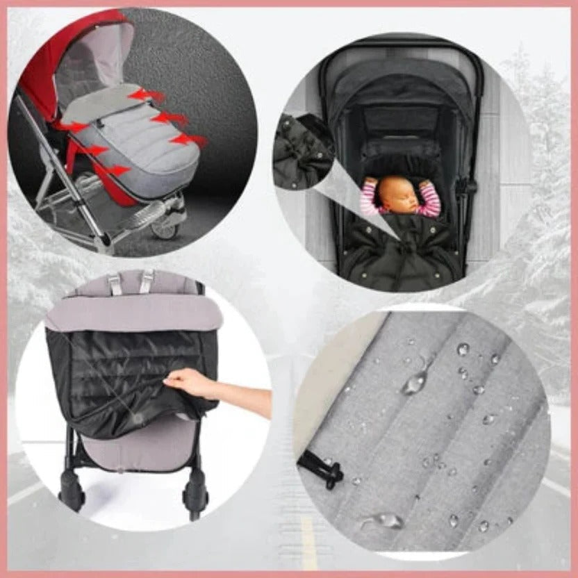 Stroller footmuff detail collage showing harness openings and exterior