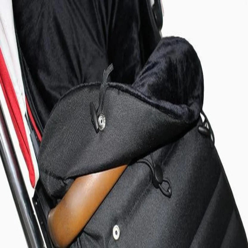Close-up of the black footmuff lining and side fastening