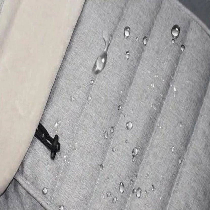 Close-up of water droplets on the gray footmuff exterior