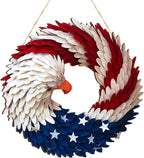 Wooden eagle wreath with layered feather shapes and stars
