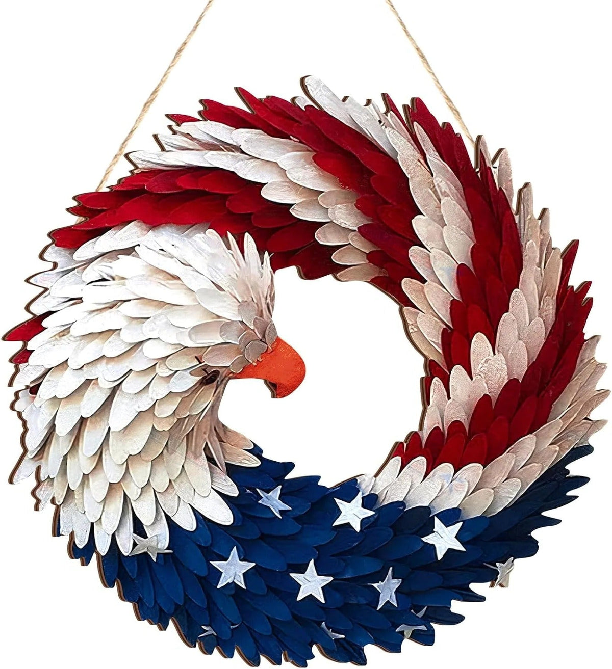 Wooden eagle wreath with layered feather shapes and stars