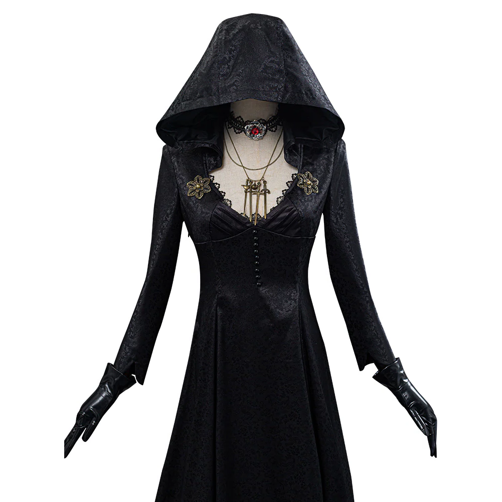 Close-up of the hood, neckline, and accessories on the black costume
