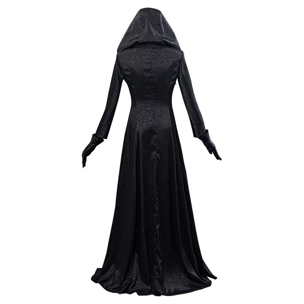 Back view of the black hooded costume and long skirt