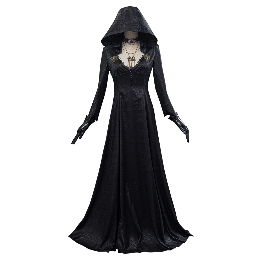 Front view of the black hooded dress costume with neck accessories